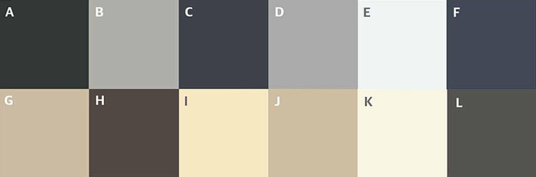Crimsafe colour swatch options showing the 13 standard powder-coated finishes